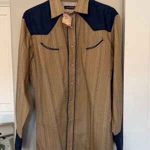 Roper Tan Western Button-Down Shirt with Navy Yoke